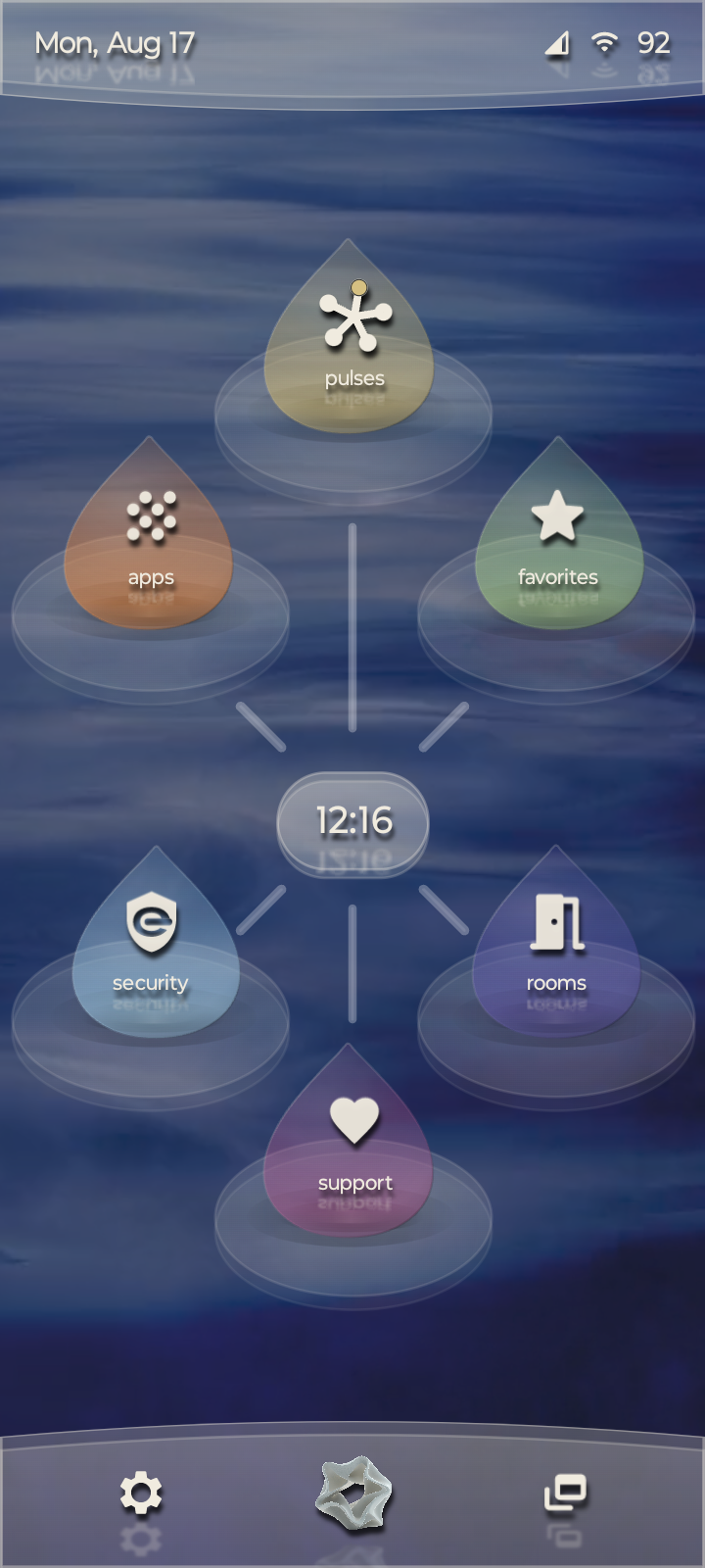 EcoDash home surface showing six droplet destinations arranged around the central time anchor